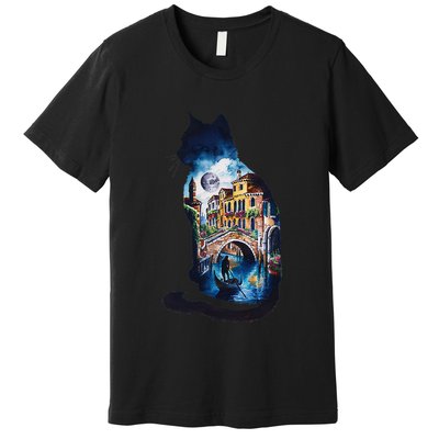 Cat Silhouette Watercolor Venice At Night Premium T-Shirt