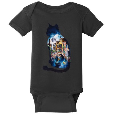 Cat Silhouette Watercolor Venice At Night Baby Bodysuit