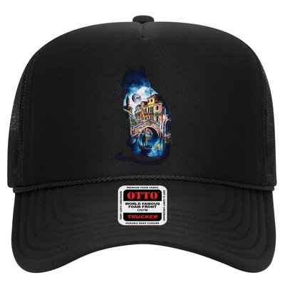 Cat Silhouette Watercolor Venice At Night Trucker Hat