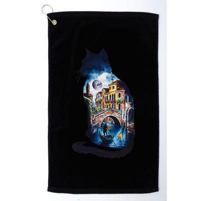 Cat Silhouette Watercolor Venice At Night Golf Towel