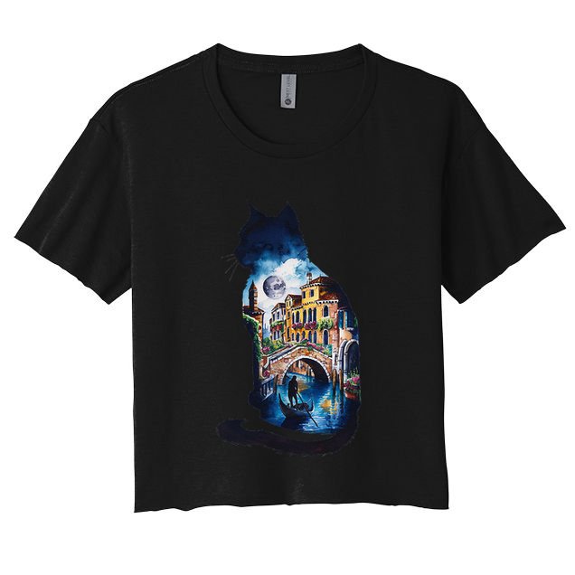 Cat Silhouette Watercolor Venice At Night Crop Top