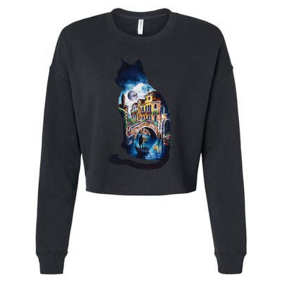 Cat Silhouette Watercolor Venice At Night Cropped Pullover Crew