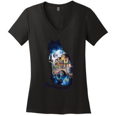 Cat Silhouette Watercolor Venice At Night Women's V-Neck T-Shirt