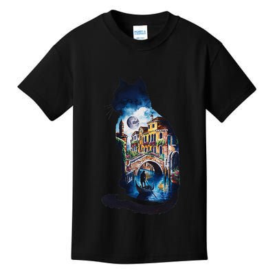 Cat Silhouette Watercolor Venice At Night Kids T-Shirt