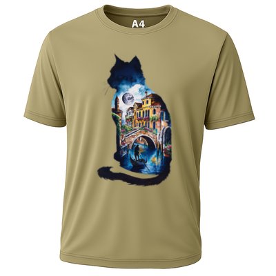 Cat Silhouette Watercolor Venice At Night Performance Shirt