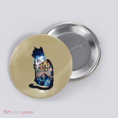 Cat Silhouette Watercolor Venice At Night Button