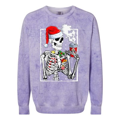 Christmas Skeleton With Smiling Skull Drinking Coffee Latte  Colorblast Crewneck Sweatshirt