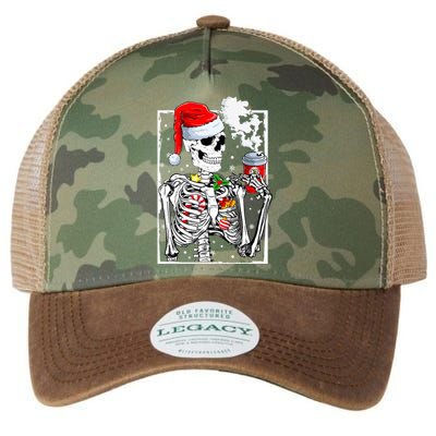 Christmas Skeleton With Smiling Skull Drinking Coffee Latte  Legacy Tie Dye Trucker Hat