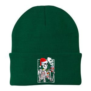 Christmas Skeleton With Smiling Skull Drinking Coffee Latte  Knit Cap Winter Beanie