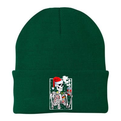 Christmas Skeleton With Smiling Skull Drinking Coffee Latte  Knit Cap Winter Beanie