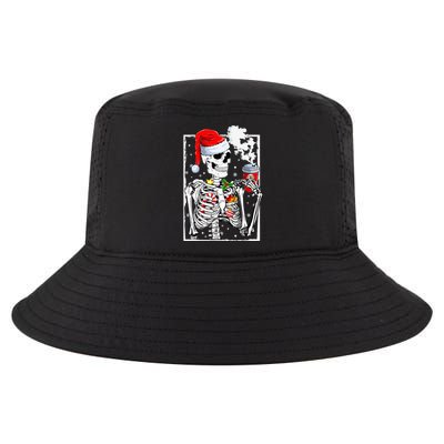 Christmas Skeleton With Smiling Skull Drinking Coffee Latte  Cool Comfort Performance Bucket Hat