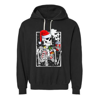 Christmas Skeleton With Smiling Skull Drinking Coffee Latte  Garment-Dyed Fleece Hoodie