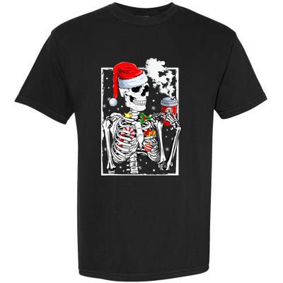 Christmas Skeleton With Smiling Skull Drinking Coffee Latte  Garment-Dyed Heavyweight T-Shirt