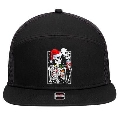 Christmas Skeleton With Smiling Skull Drinking Coffee Latte  7 Panel Mesh Trucker Snapback Hat