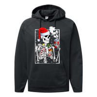 Christmas Skeleton With Smiling Skull Drinking Coffee Latte  Performance Fleece Hoodie