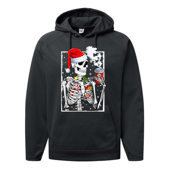 Christmas Skeleton With Smiling Skull Drinking Coffee Latte  Performance Fleece Hoodie