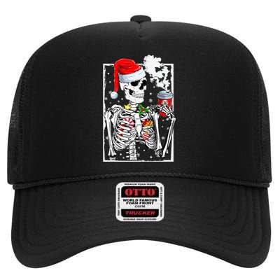 Christmas Skeleton With Smiling Skull Drinking Coffee Latte  High Crown Mesh Back Trucker Hat