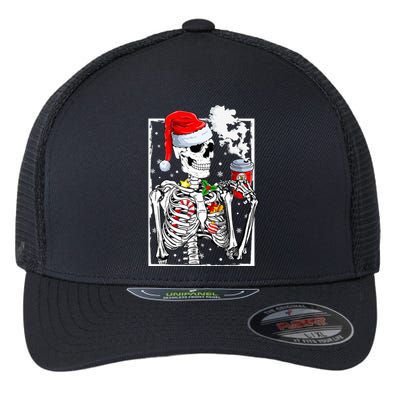 Christmas Skeleton With Smiling Skull Drinking Coffee Latte  Flexfit Unipanel Trucker Cap