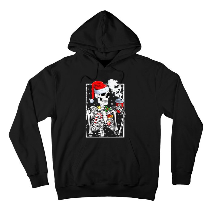 Christmas Skeleton With Smiling Skull Drinking Coffee Latte  Hoodie