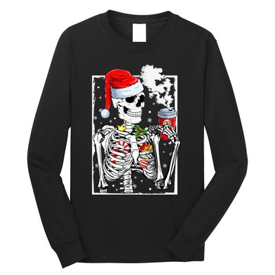 Christmas Skeleton With Smiling Skull Drinking Coffee Latte  Long Sleeve Shirt