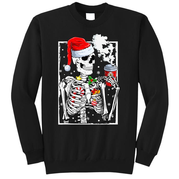 Christmas Skeleton With Smiling Skull Drinking Coffee Latte  Sweatshirt