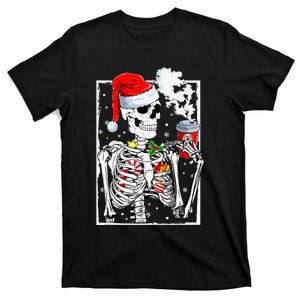 Christmas Skeleton With Smiling Skull Drinking Coffee Latte  T-Shirt