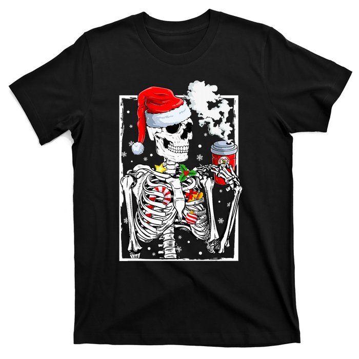 Christmas Skeleton With Smiling Skull Drinking Coffee Latte  T-Shirt