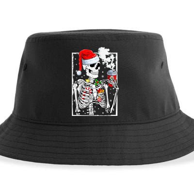 Christmas Skeleton With Smiling Skull Drinking Coffee Latte  Sustainable Bucket Hat