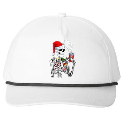 Christmas Skeleton With Smiling Skull Drinking Coffee Latte  Snapback Five-Panel Rope Hat