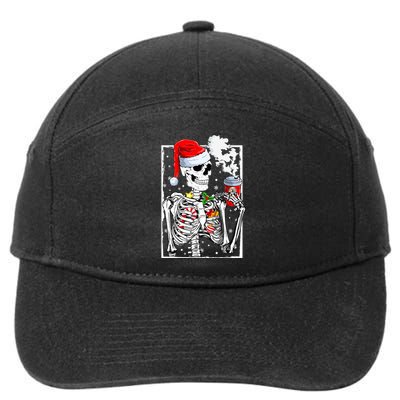 Christmas Skeleton With Smiling Skull Drinking Coffee Latte  7-Panel Snapback Hat