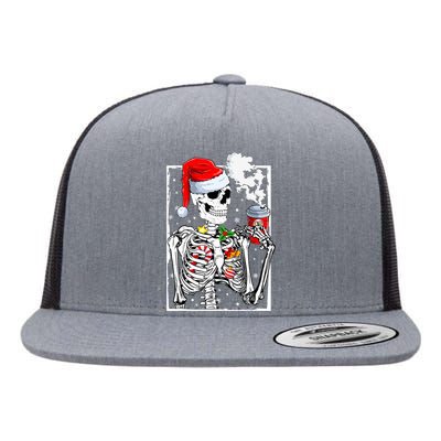 Christmas Skeleton With Smiling Skull Drinking Coffee Latte  Flat Bill Trucker Hat