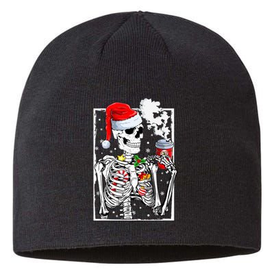 Christmas Skeleton With Smiling Skull Drinking Coffee Latte  Sustainable Beanie