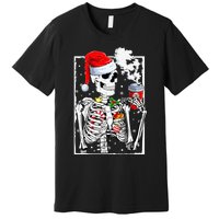 Christmas Skeleton With Smiling Skull Drinking Coffee Latte  Premium T-Shirt