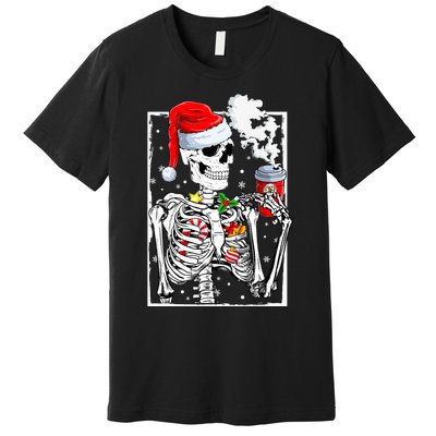 Christmas Skeleton With Smiling Skull Drinking Coffee Latte  Premium T-Shirt