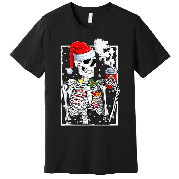 Christmas Skeleton With Smiling Skull Drinking Coffee Latte  Premium T-Shirt