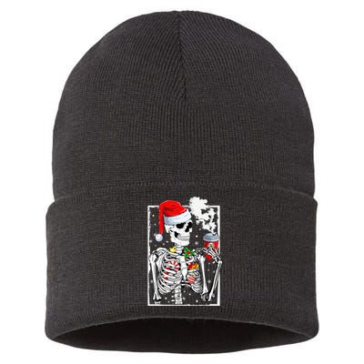 Christmas Skeleton With Smiling Skull Drinking Coffee Latte  Sustainable Knit Beanie