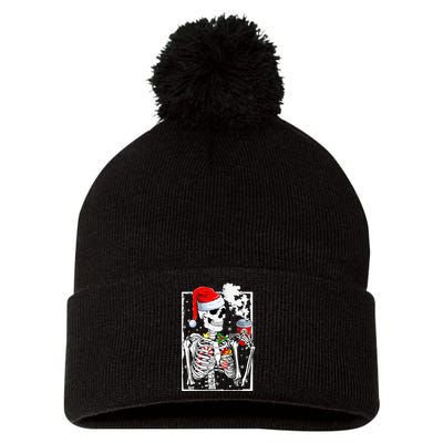 Christmas Skeleton With Smiling Skull Drinking Coffee Latte  Pom Pom 12in Knit Beanie