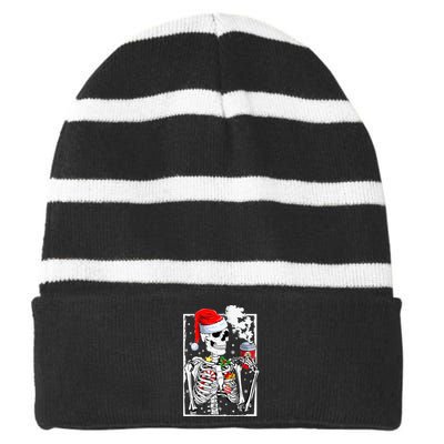 Christmas Skeleton With Smiling Skull Drinking Coffee Latte  Striped Beanie with Solid Band