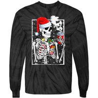 Christmas Skeleton With Smiling Skull Drinking Coffee Latte  Tie-Dye Long Sleeve Shirt