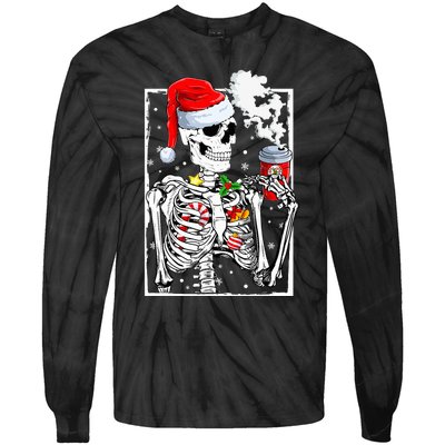 Christmas Skeleton With Smiling Skull Drinking Coffee Latte  Tie-Dye Long Sleeve Shirt