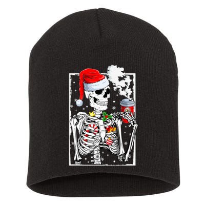 Christmas Skeleton With Smiling Skull Drinking Coffee Latte  Short Acrylic Beanie