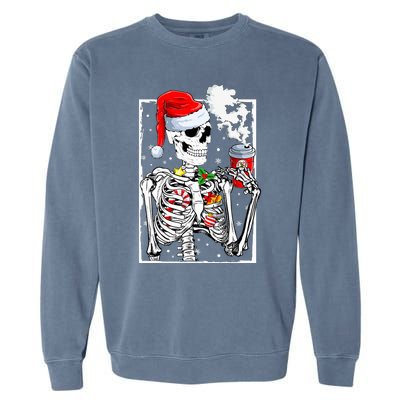 Christmas Skeleton With Smiling Skull Drinking Coffee Latte  Garment-Dyed Sweatshirt