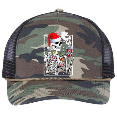 Christmas Skeleton With Smiling Skull Drinking Coffee Latte  Retro Rope Trucker Hat Cap