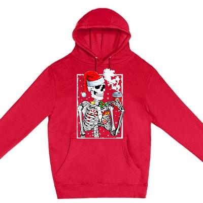 Christmas Skeleton With Smiling Skull Drinking Coffee Latte  Premium Pullover Hoodie