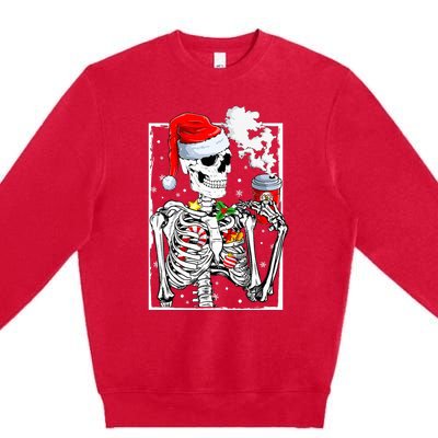 Christmas Skeleton With Smiling Skull Drinking Coffee Latte  Premium Crewneck Sweatshirt