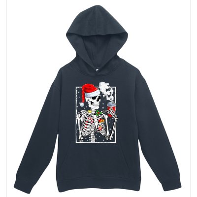 Christmas Skeleton With Smiling Skull Drinking Coffee Latte  Urban Pullover Hoodie