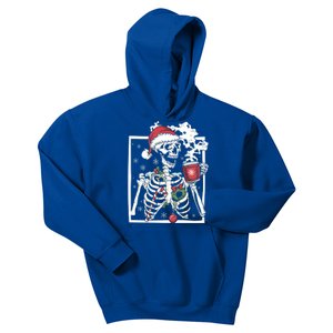 Christmas Skeleton With Smiling Skull Ing Coffee Latte Funny Gift Kids Hoodie