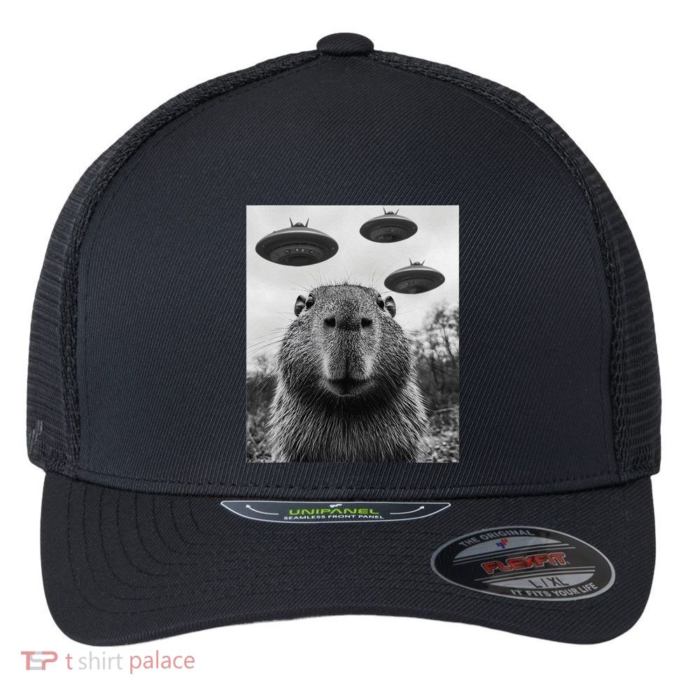 Capybara Selfie With Ufos Funny Graphic Flexfit Unipanel Trucker Cap