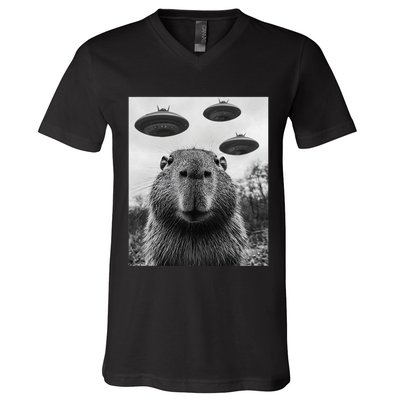 Capybara Selfie With Ufos Funny Graphic V-Neck T-Shirt