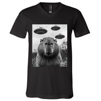 Capybara Selfie With Ufos Funny Graphic V-Neck T-Shirt
